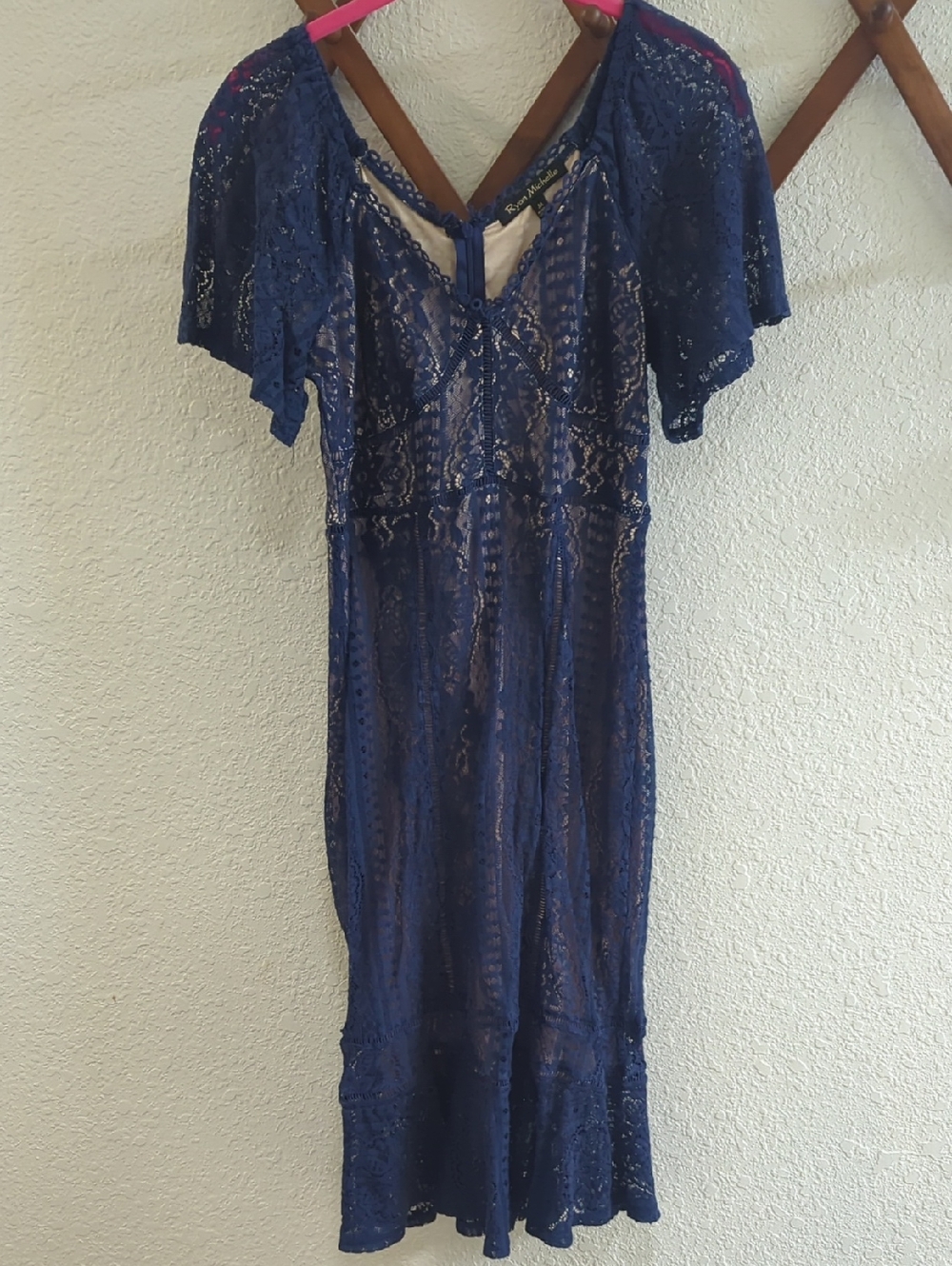 Navy Lace Midi Dress with Flutter Sleeves - Women